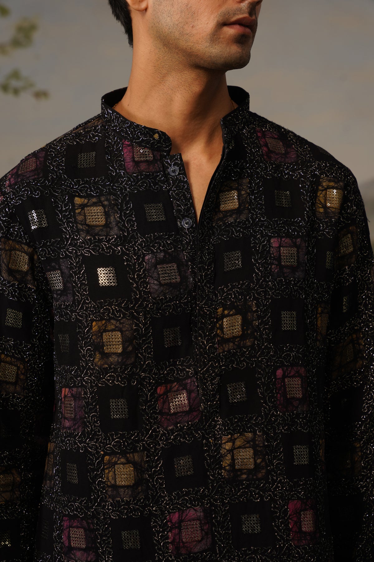 Tariq Black Hand Print Sequin Kurta Set