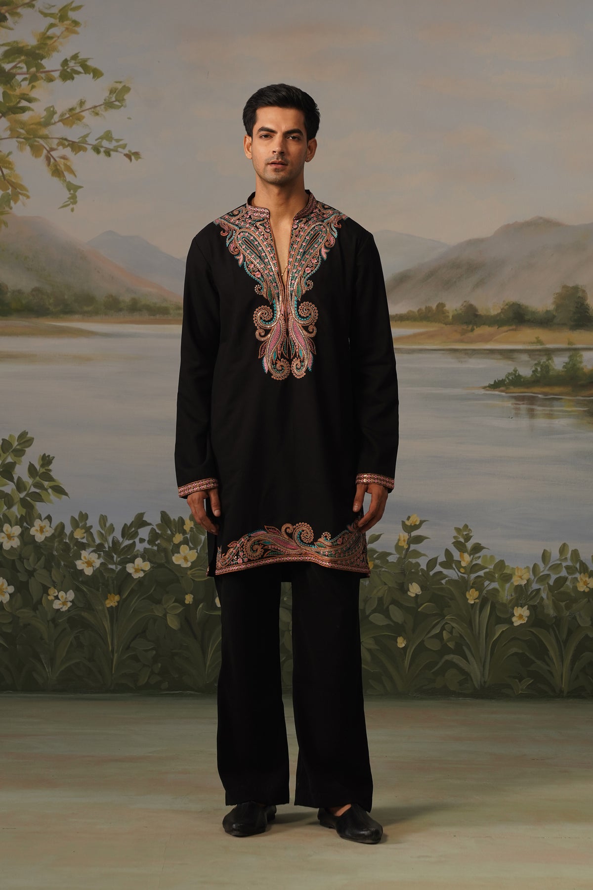 Qasr Black Threadwork Embroidered Kurta Set