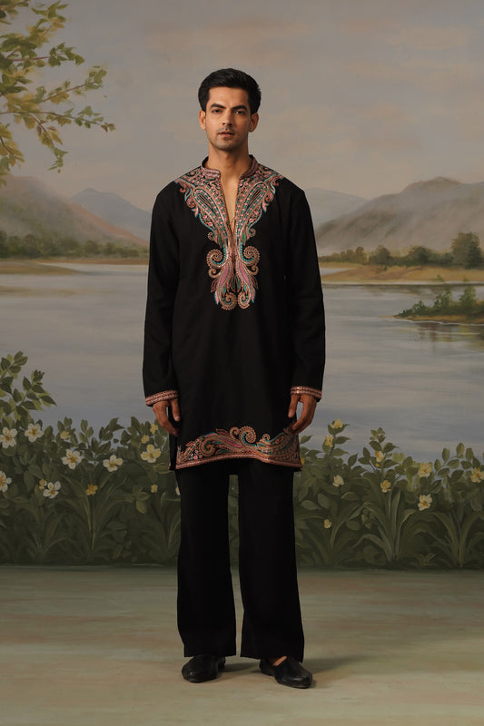 Qasr Black Threadwork Embroidered Kurta Set