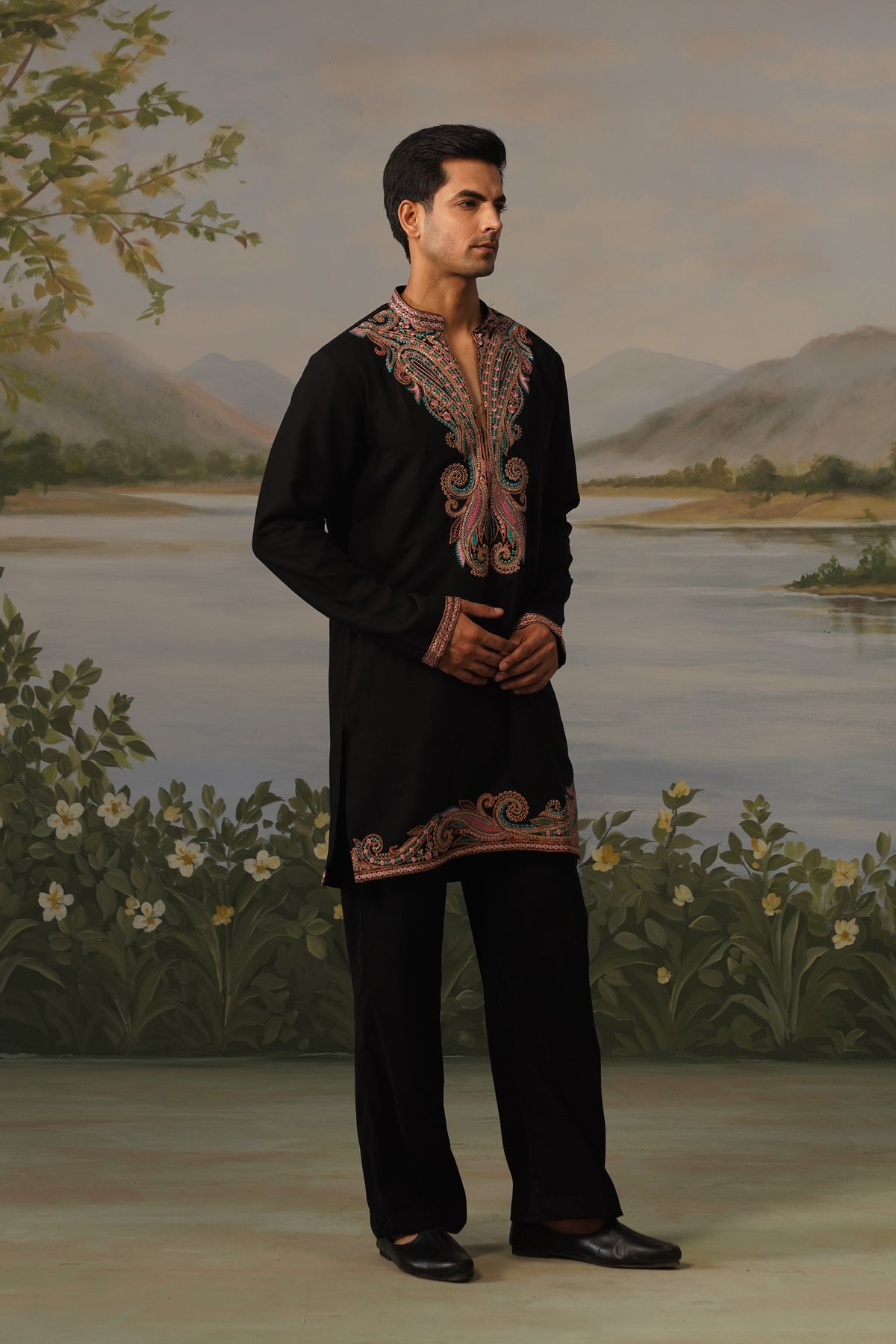 Qasr Black Threadwork Embroidered Kurta Set