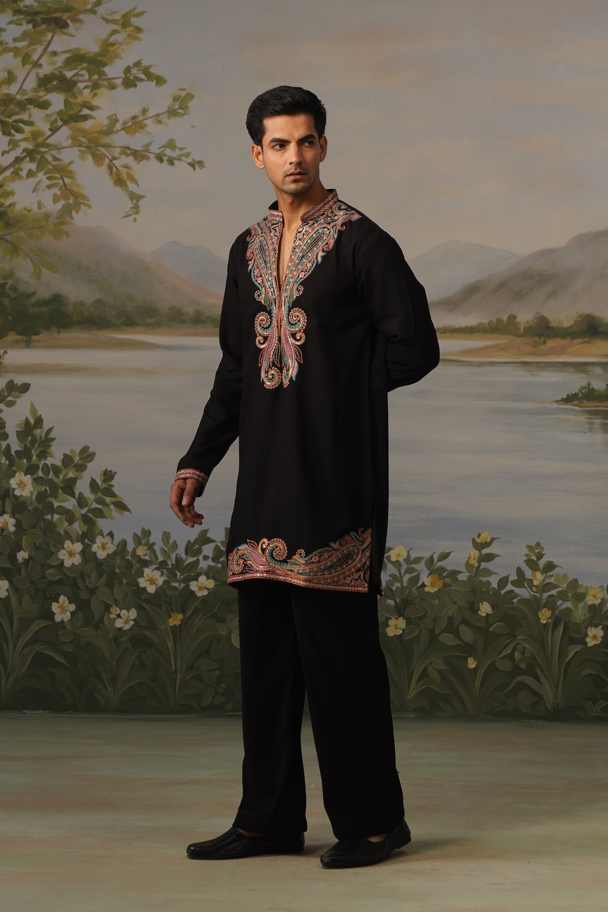 Qasr Black Threadwork Embroidered Kurta Set
