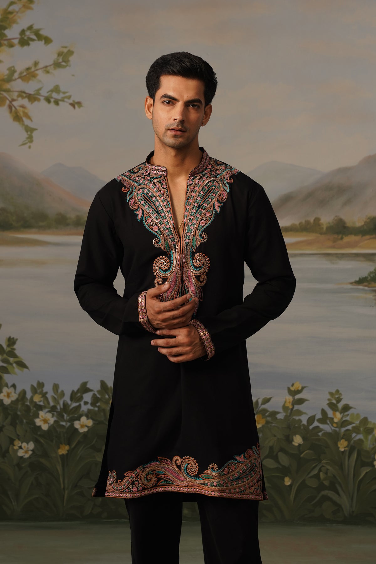 Qasr Black Threadwork Embroidered Kurta Set