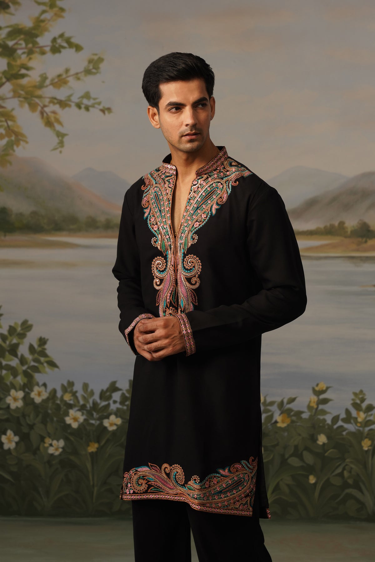 Qasr Black Threadwork Embroidered Kurta Set