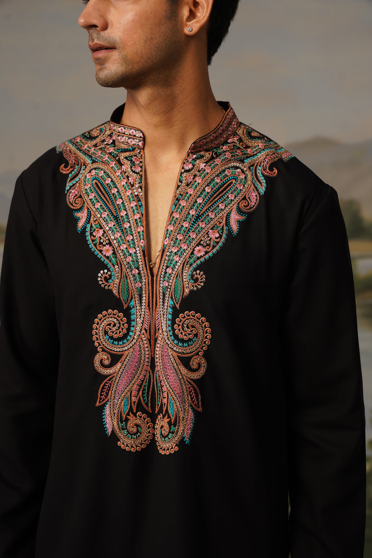 Qasr Black Threadwork Embroidered Kurta Set