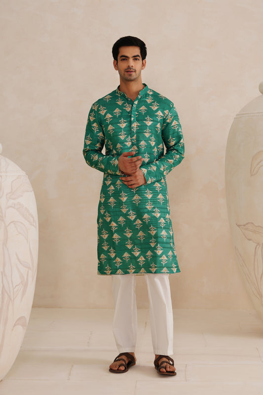 Green Jaipuri Tussar Ghicha Silk Kurta Set