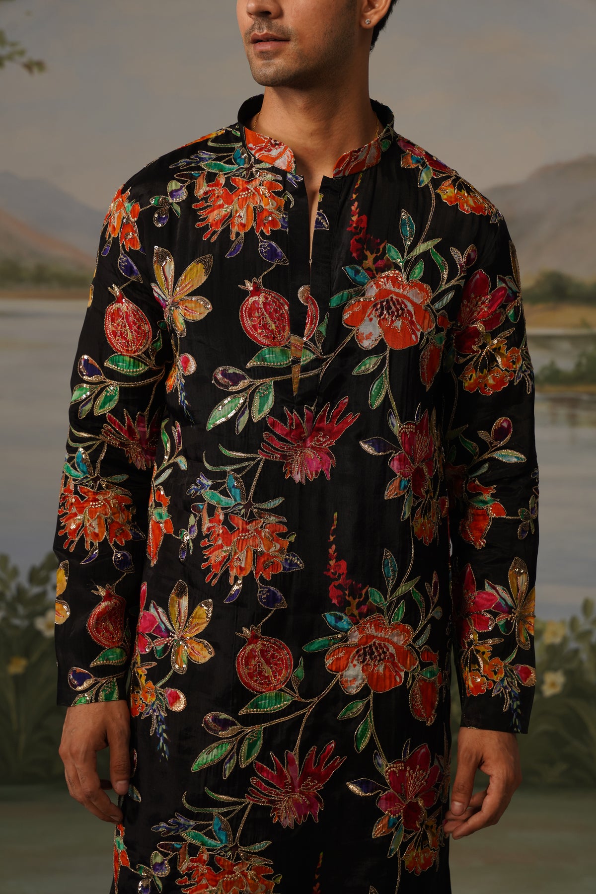 Anar Black Floral Embroidered Print Kurta Set