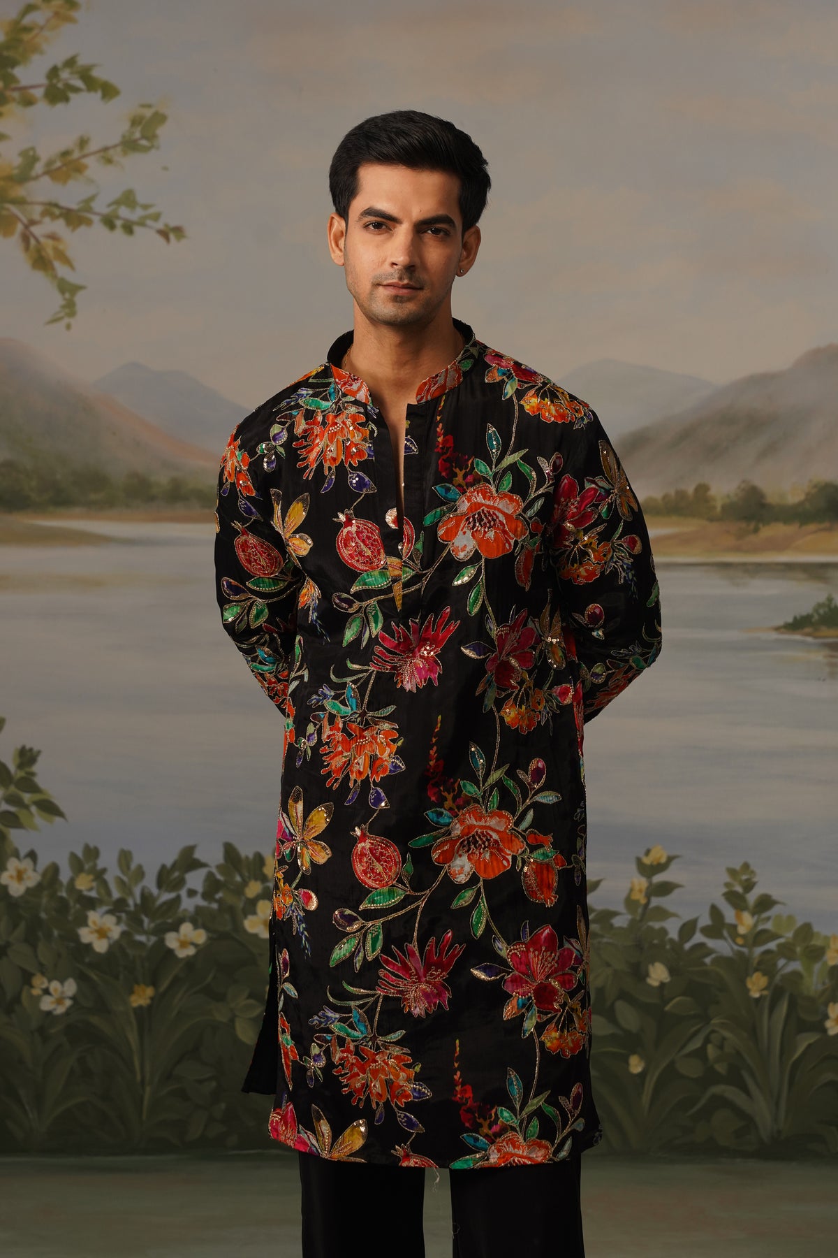Anar Black Floral Embroidered Print Kurta Set