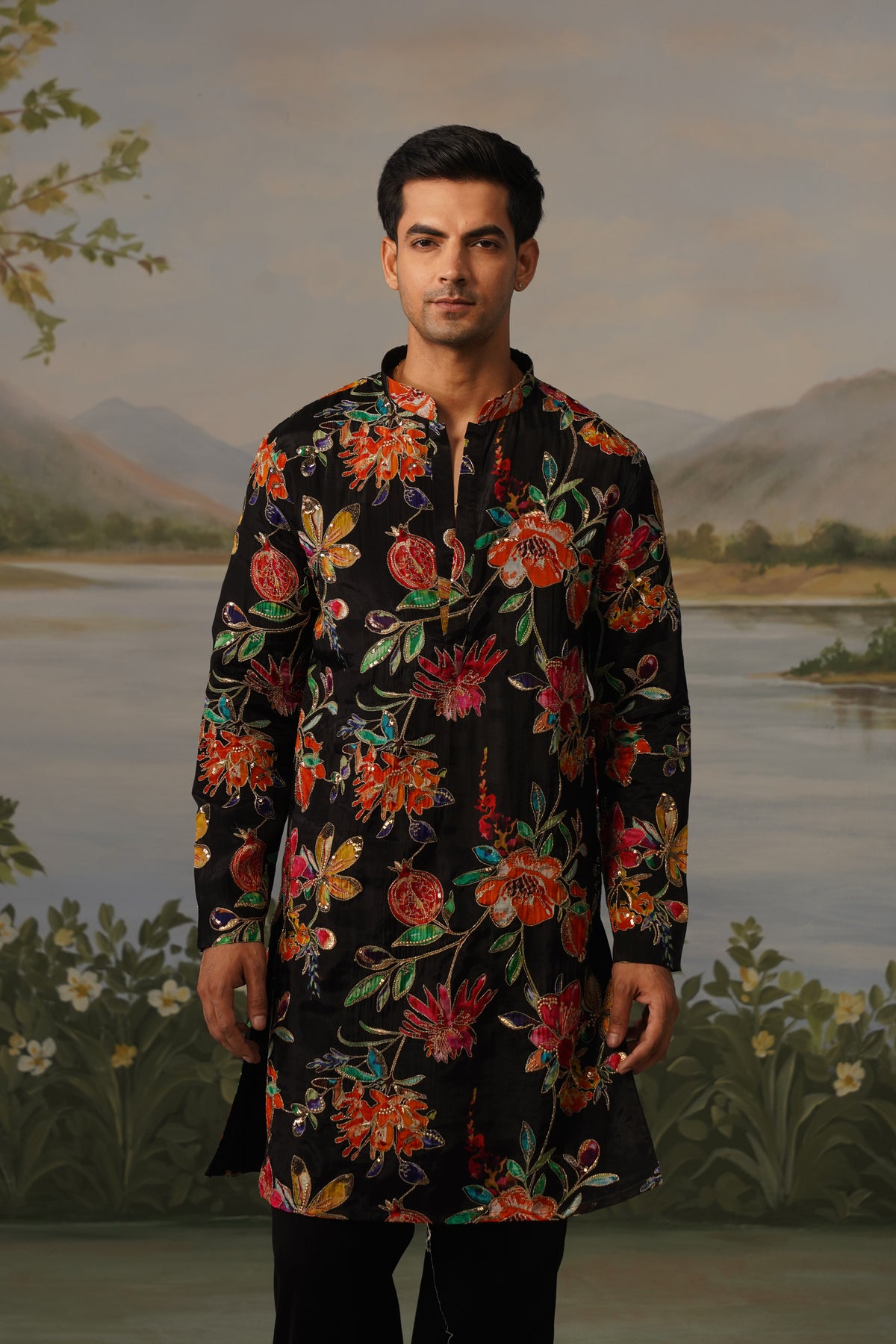 Anar Black Floral Embroidered Print Kurta Set