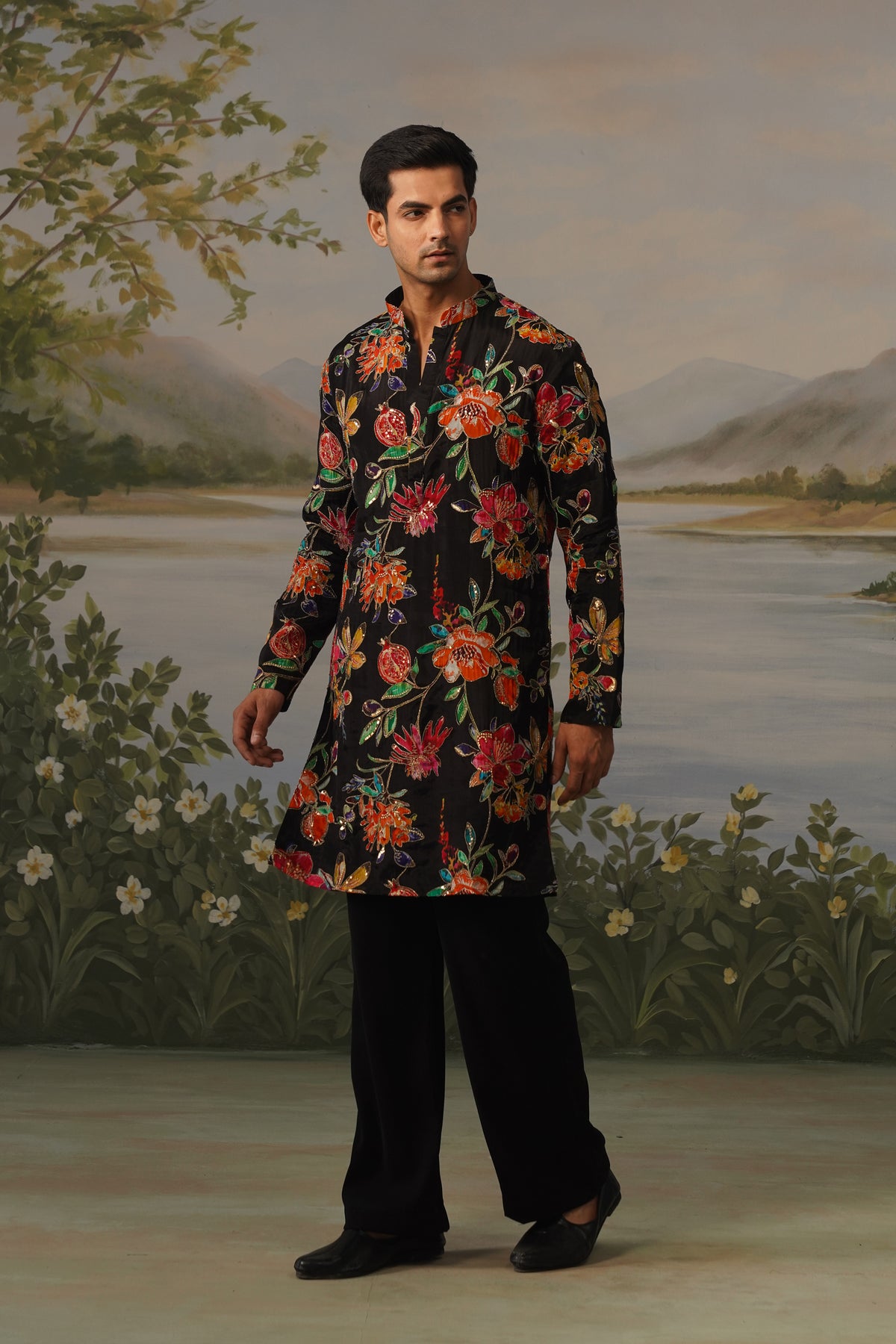 Anar Black Floral Embroidered Print Kurta Set