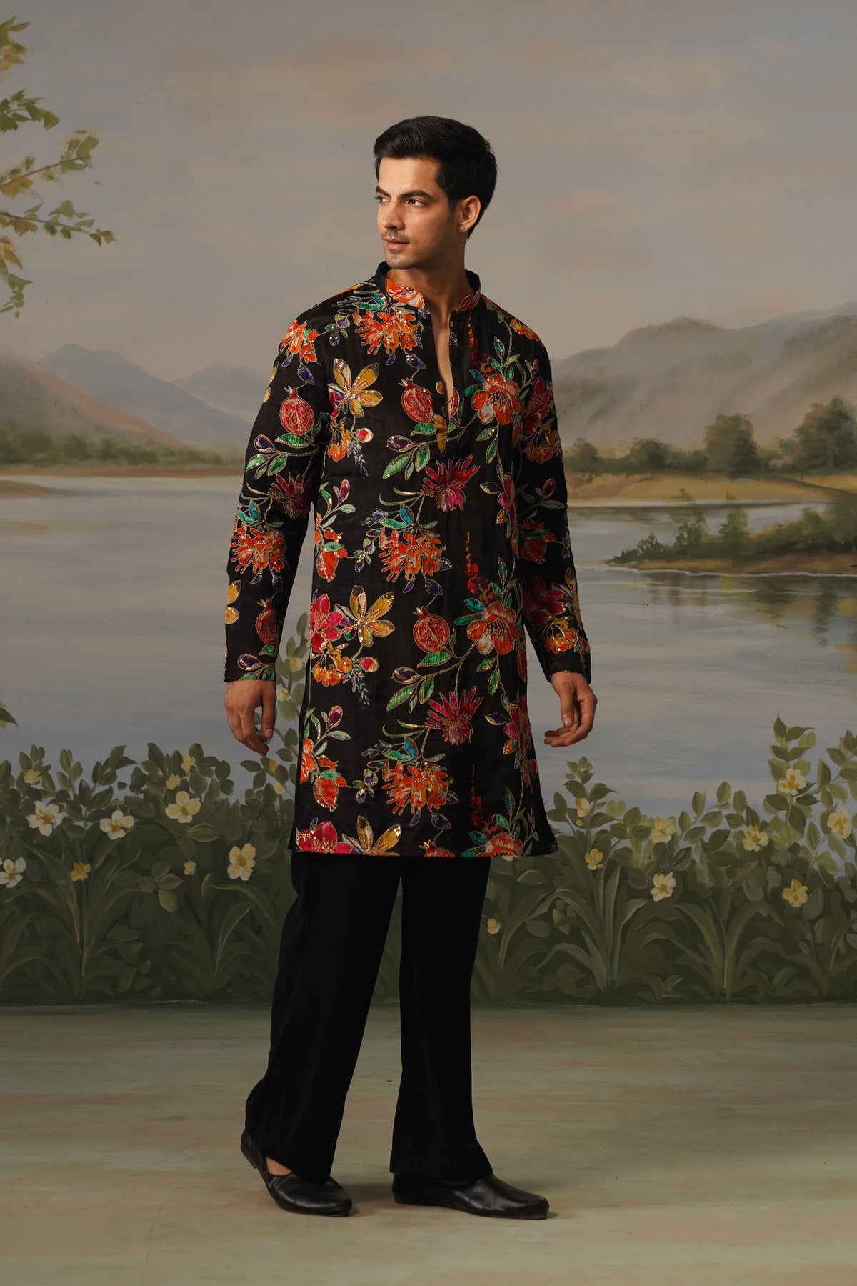 Anar Black Floral Embroidered Print Kurta Set