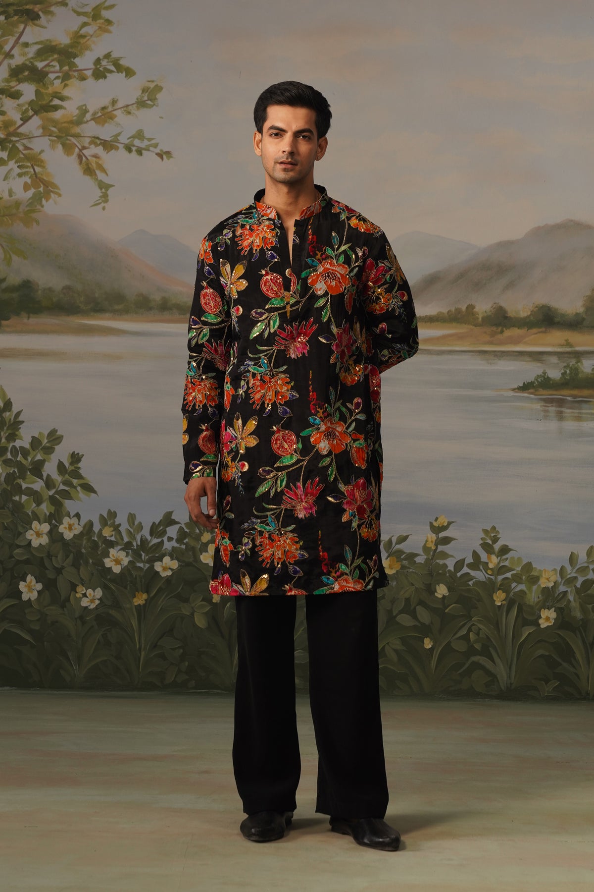 Anar Black Floral Embroidered Print Kurta Set