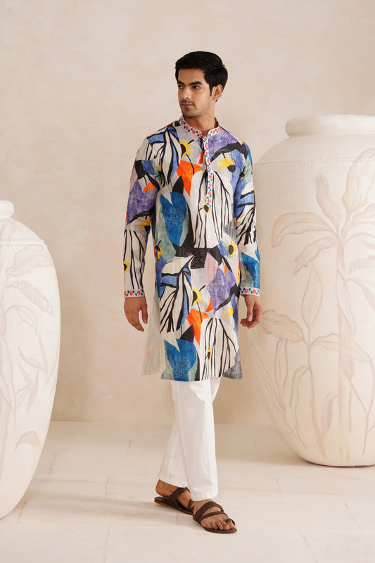 Multi Picasso Tussar Ghicha Silk Kurta Set