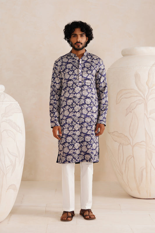 Indigo Jaipuri Tussar Ghicha Silk Kurta Set