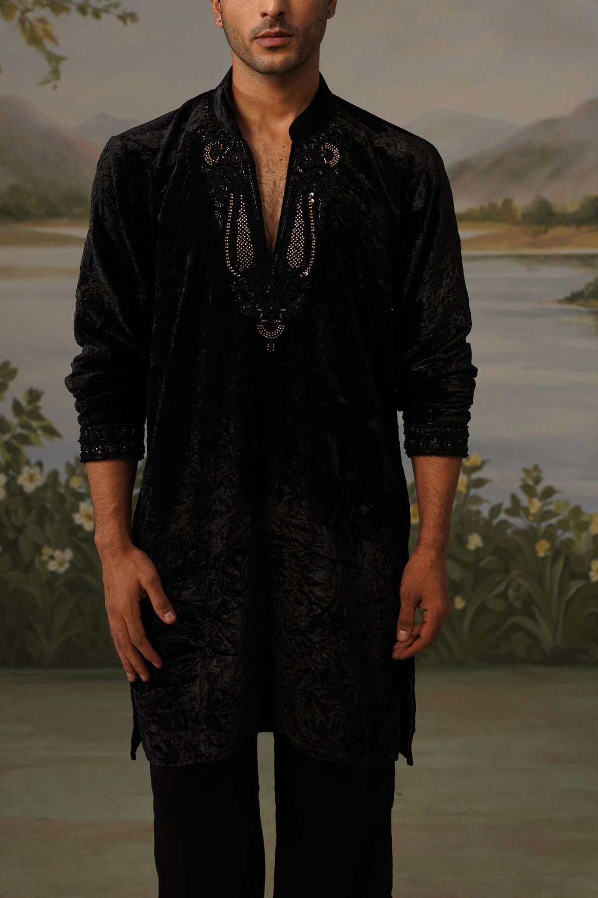 Shab Black Velvet Bead Embroidered Kurta Set
