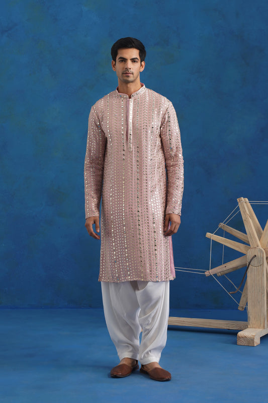 Pink Mirror Sequin Embroidery Kurta Patiyala Set