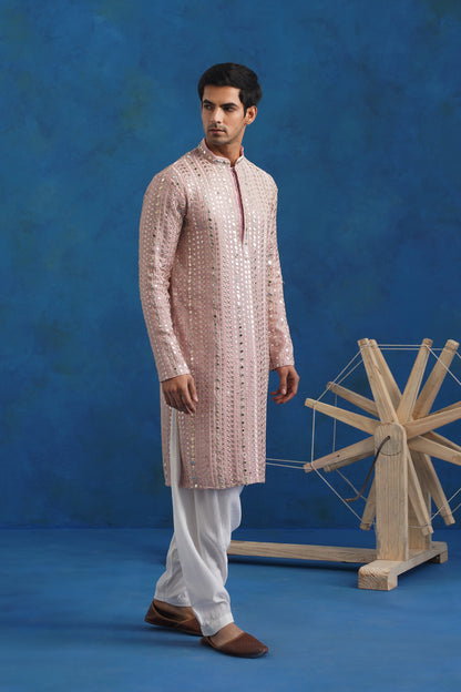 Pink Mirror Sequin Embroidery Kurta Patiyala Set