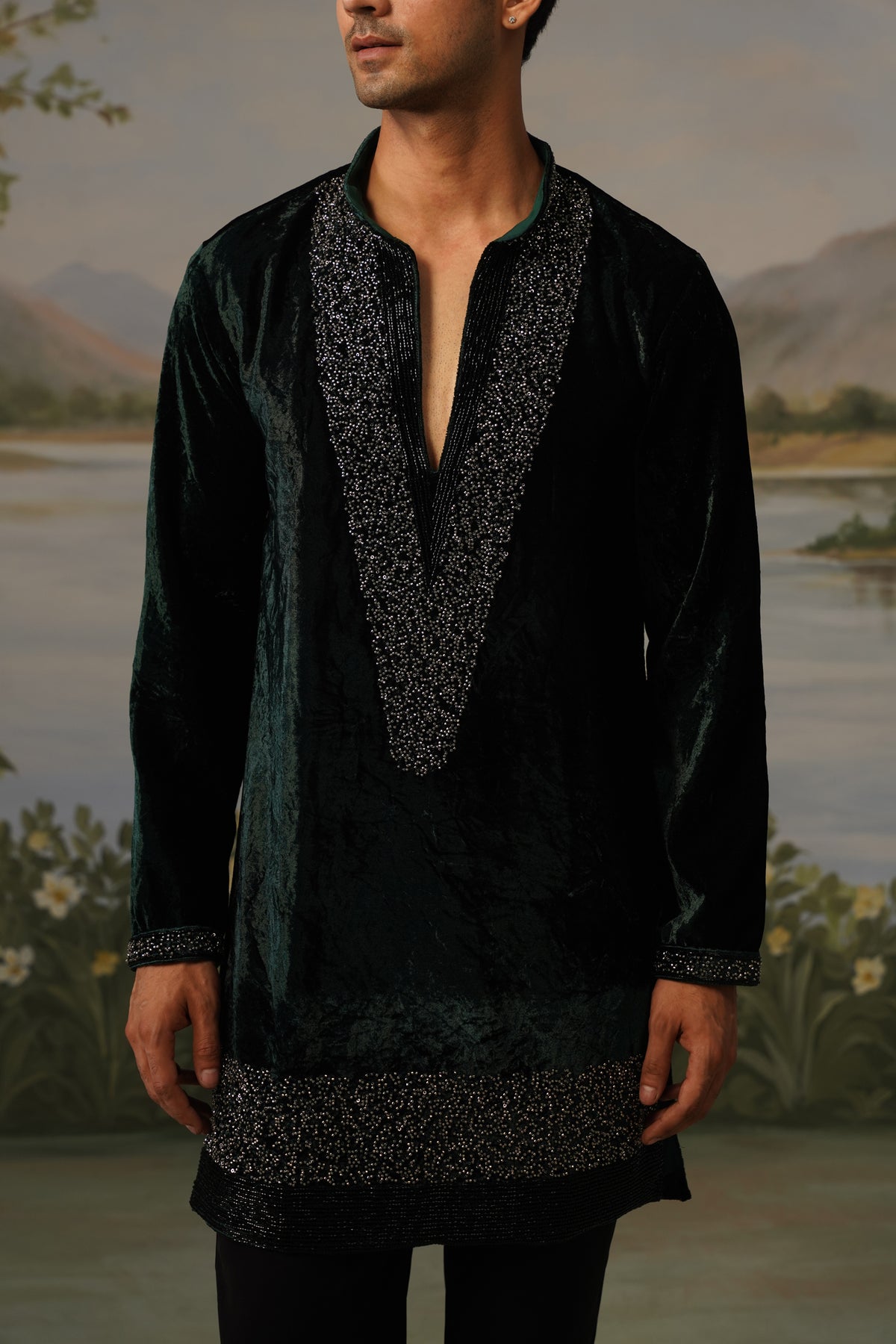 Sindoor Green Velvet Bead Embroidered Kurta Set