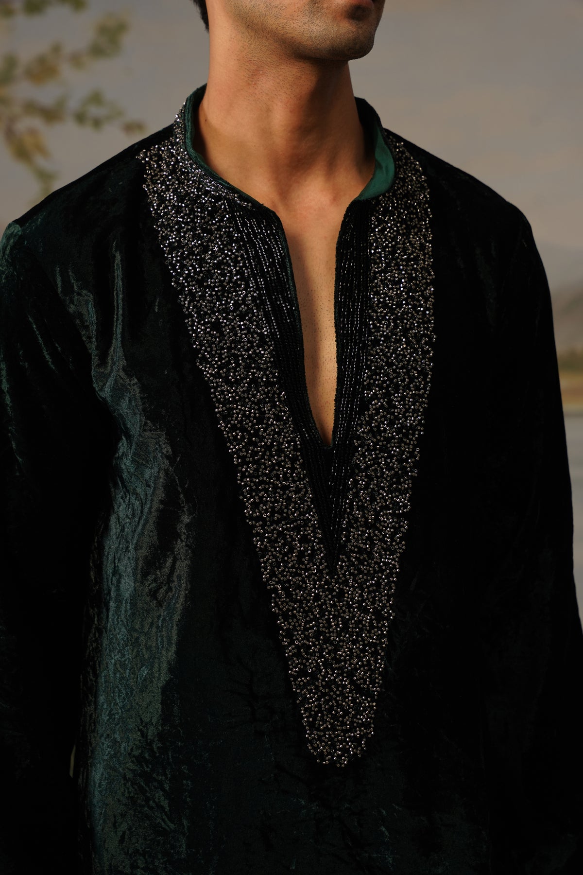 Sindoor Green Velvet Bead Embroidered Kurta Set