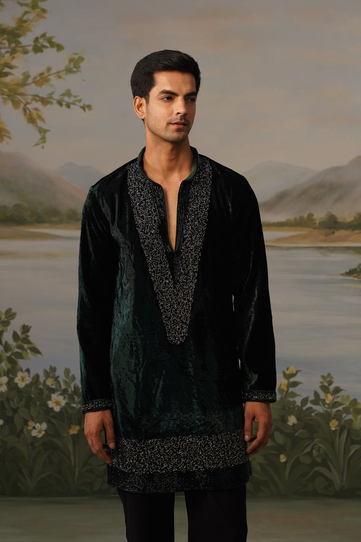 Sindoor Green Velvet Bead Embroidered Kurta Set