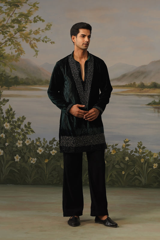 Sindoor Green Velvet Bead Embroidered Kurta Set