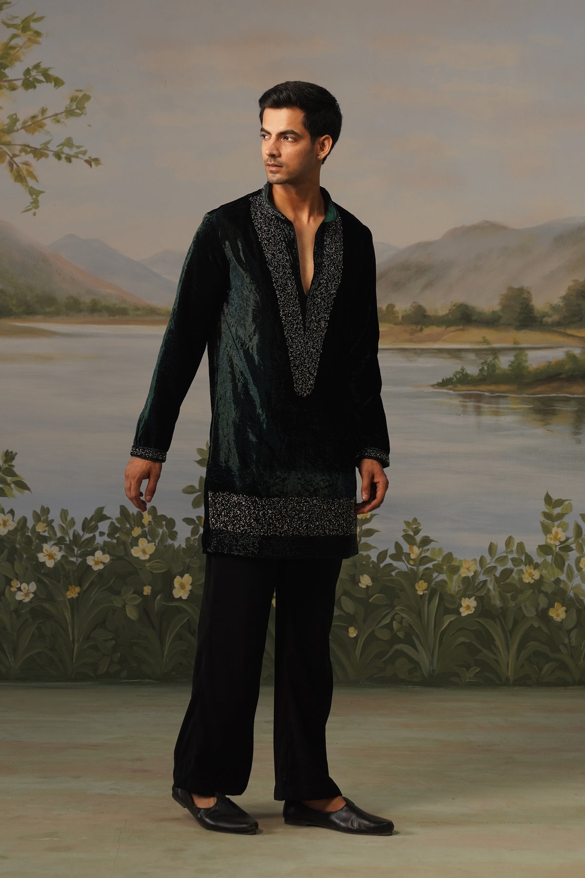 Sindoor Green Velvet Bead Embroidered Kurta Set
