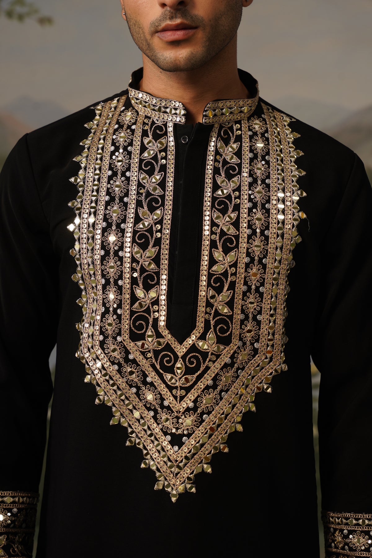 Aarafat Black Mirror Zari Work Kurta Set