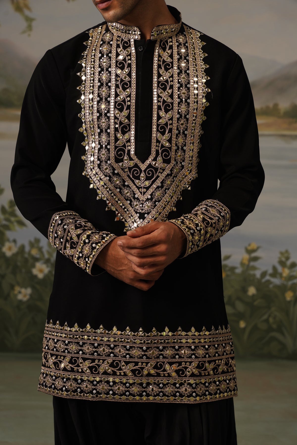 Aarafat Black Mirror Zari Work Kurta Set