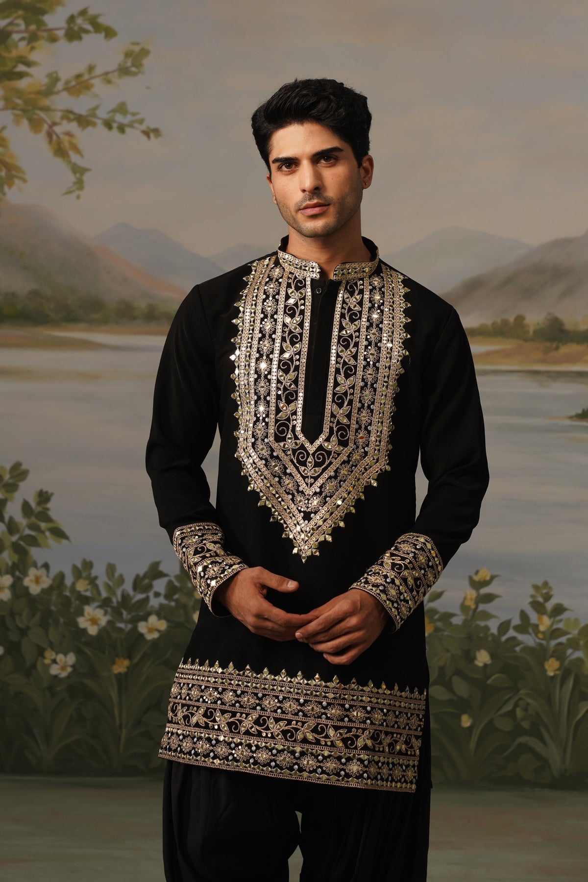 Aarafat Black Mirror Zari Work Kurta Set