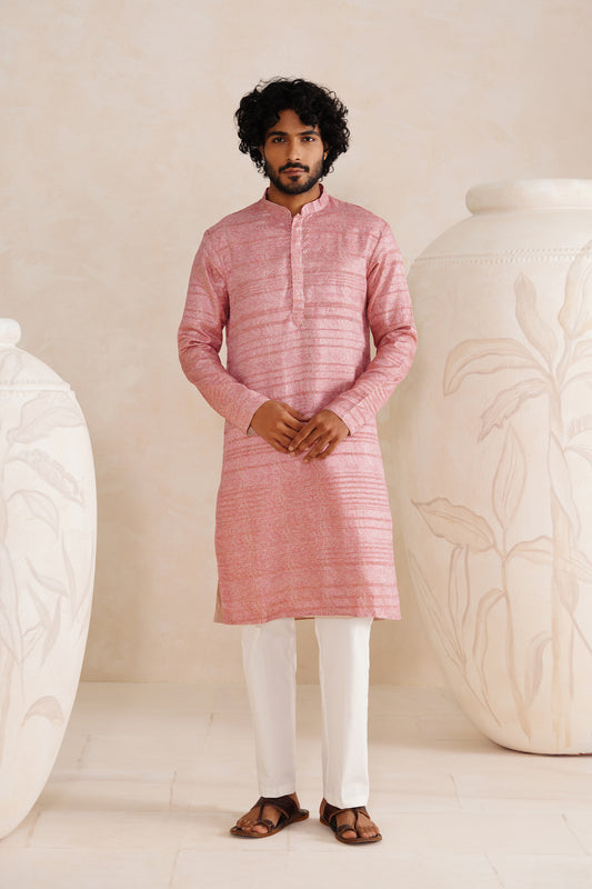 Pink Jaipuri Tussar Ghicha Silk Kurta Set