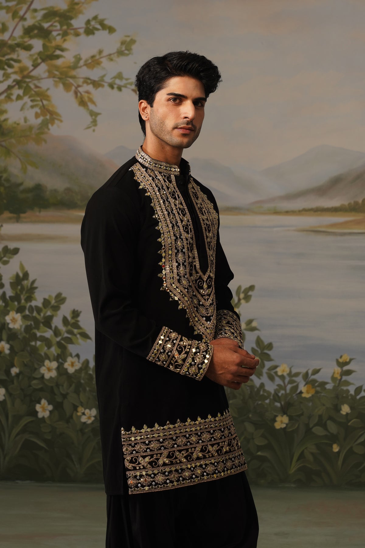 Aarafat Black Mirror Zari Work Kurta Set