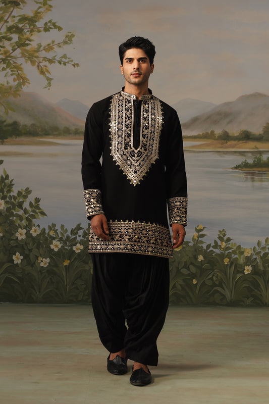 Aarafat Black Mirror Zari Work Kurta Set