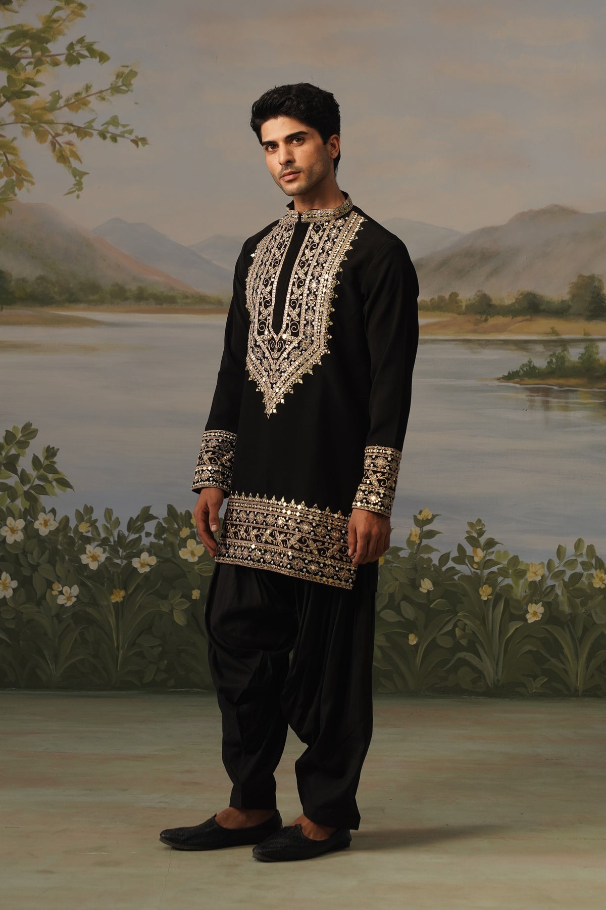 Aarafat Black Mirror Zari Work Kurta Set