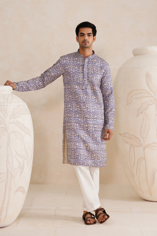 Royal Blue Jaipuri Tussar Ghicha Silk Kurta Set