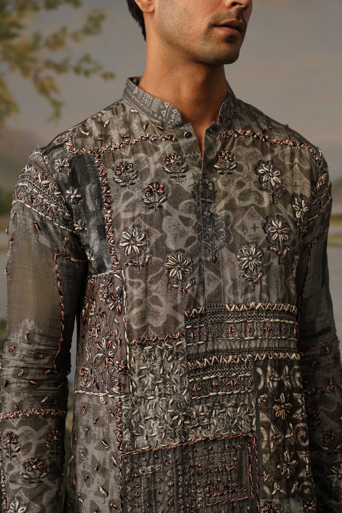 Dhuaan Grey Hand Thread Dhagai Work Kurta Set