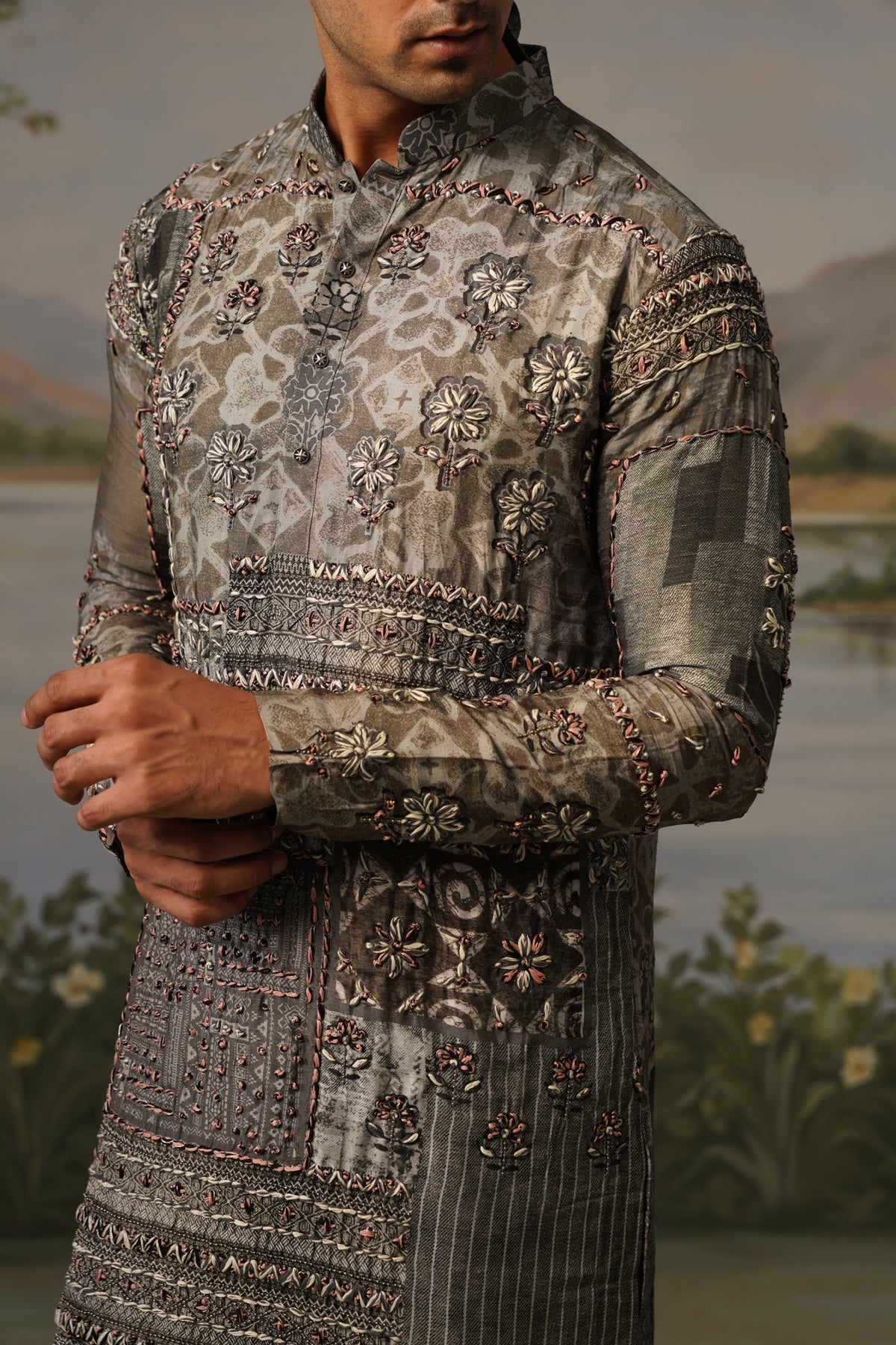 Dhuaan Grey Hand Thread Dhagai Work Kurta Set