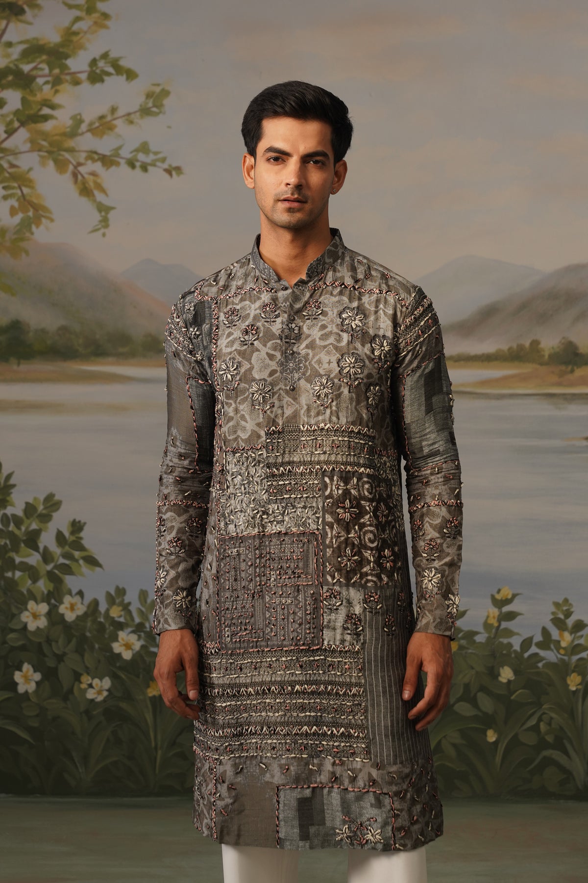 Dhuaan Grey Hand Thread Dhagai Work Kurta Set