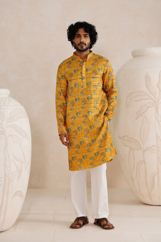 Yellow Jaipuri Tussar Ghicha Silk Kurta Set