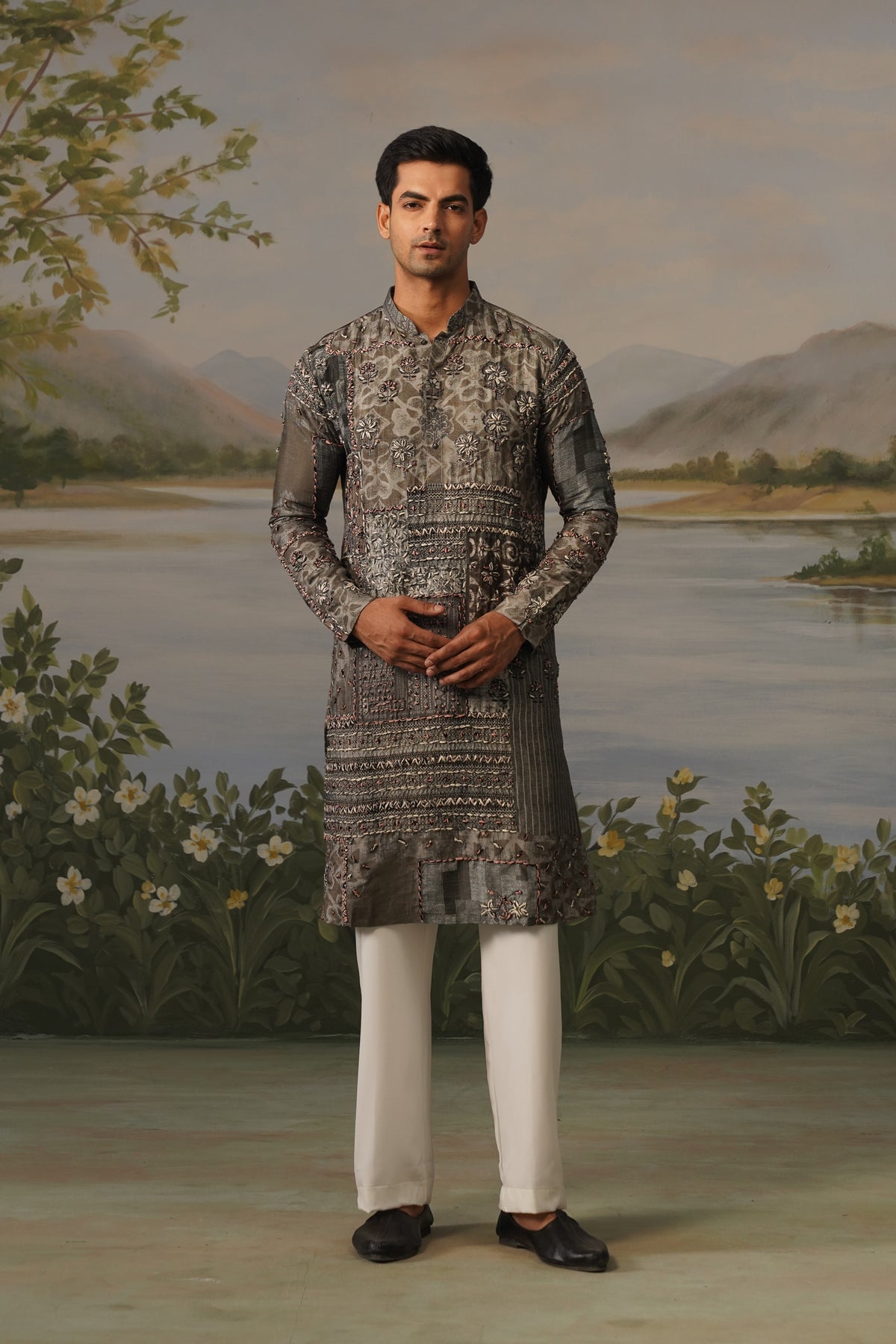Dhuaan Grey Hand Thread Dhagai Work Kurta Set