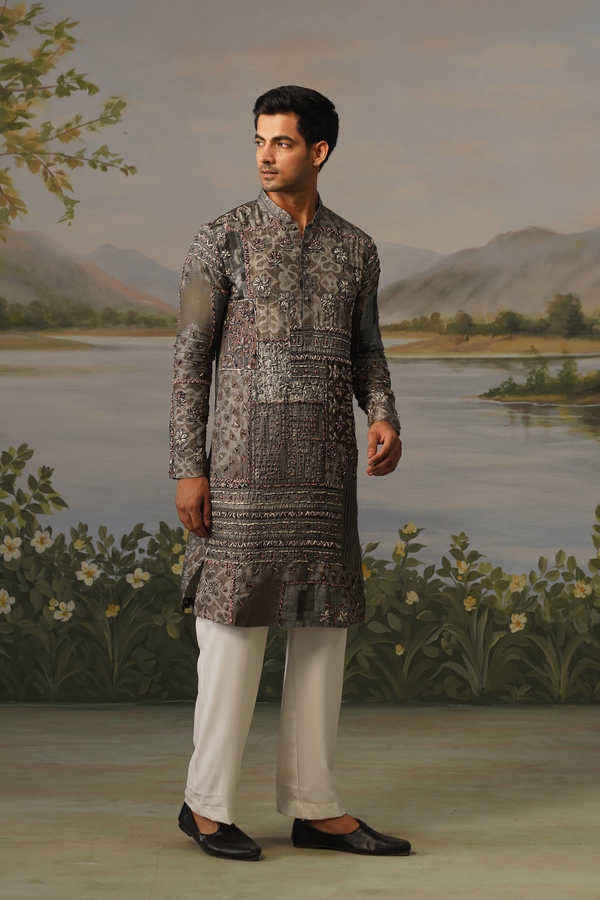 Dhuaan Grey Hand Thread Dhagai Work Kurta Set