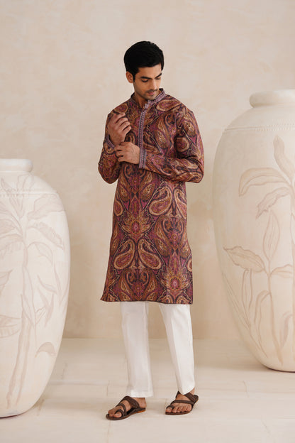 Brown Paisley Tussar Ghicha Silk Kurta Set