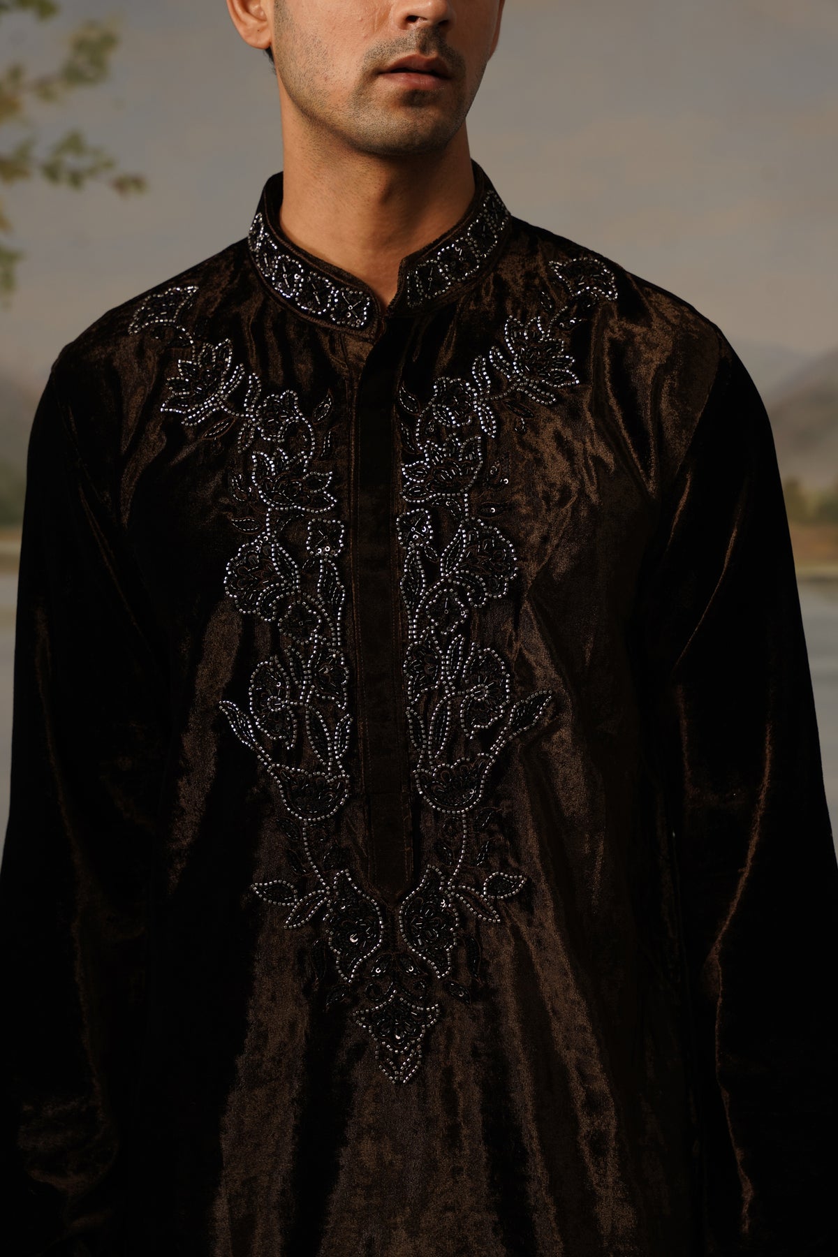 Qahwa Brown Velvet Bead Embroidered Kurta Set