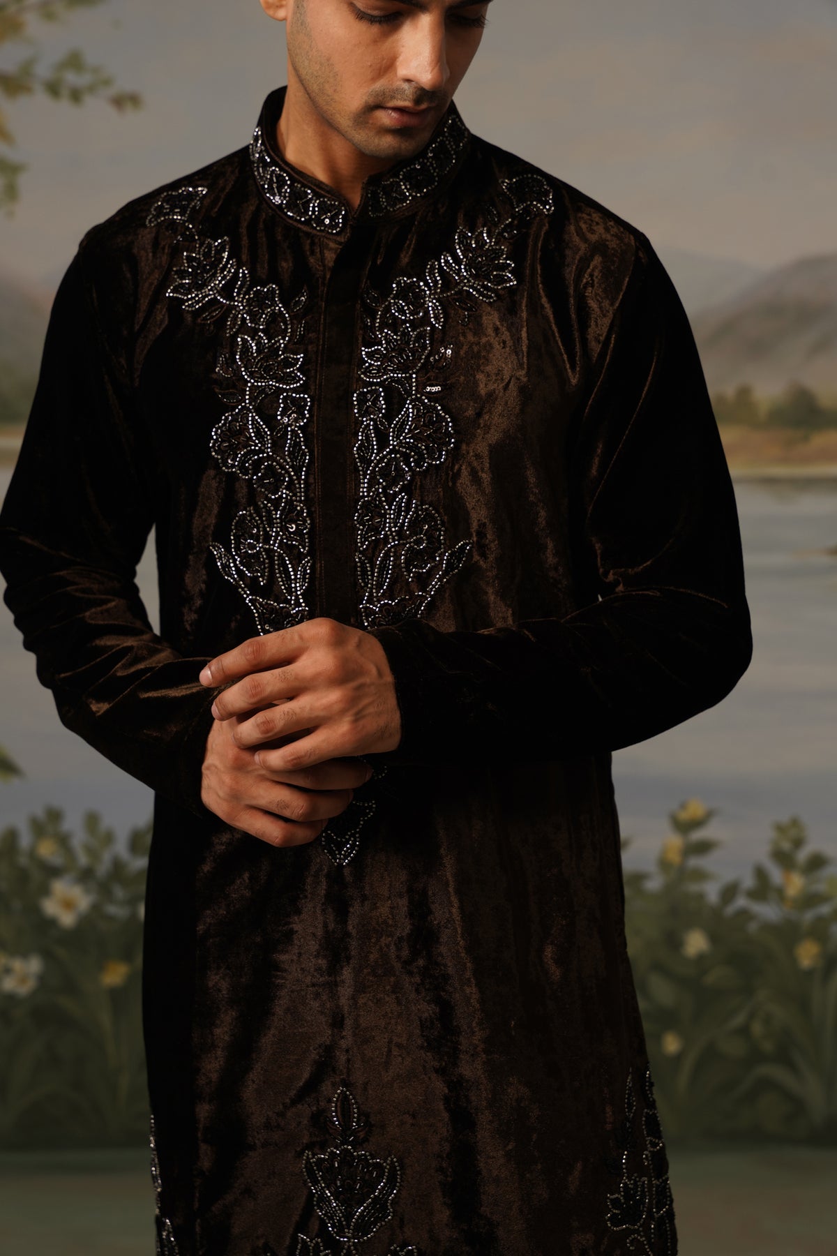 Qahwa Brown Velvet Bead Embroidered Kurta Set