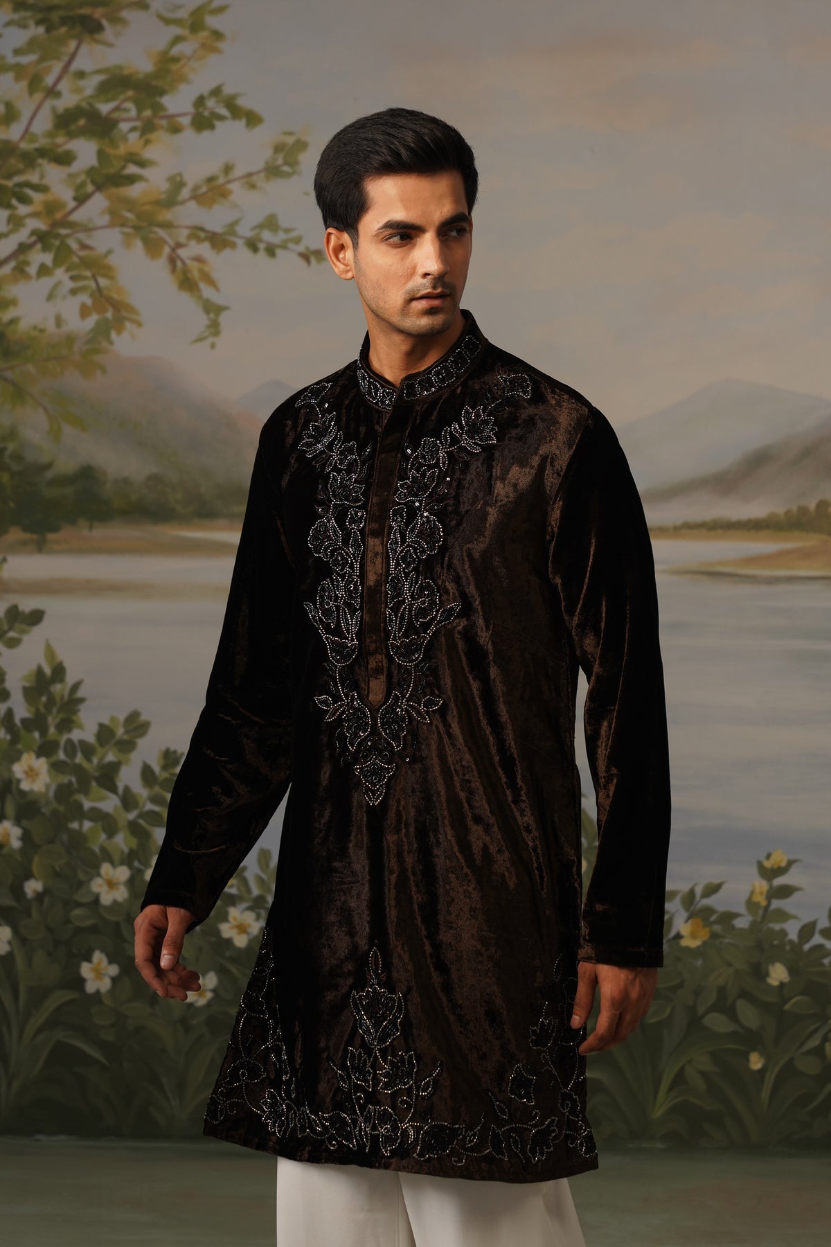 Qahwa Brown Velvet Bead Embroidered Kurta Set