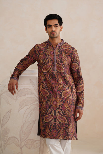 Brown Paisley Tussar Ghicha Silk Kurta Set