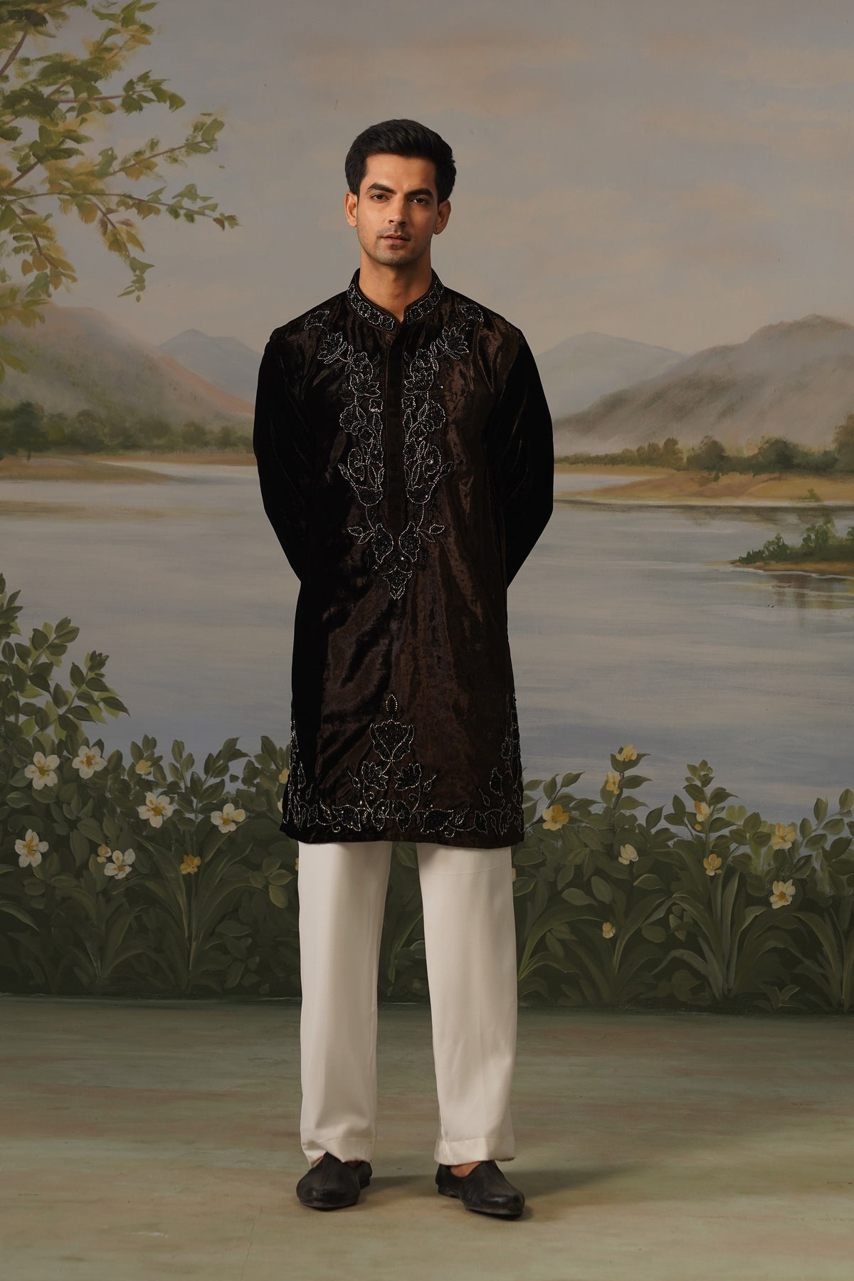Qahwa Brown Velvet Bead Embroidered Kurta Set
