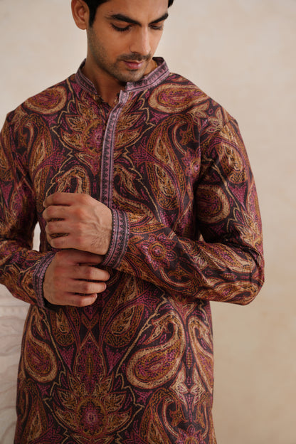 Brown Paisley Tussar Ghicha Silk Kurta Set