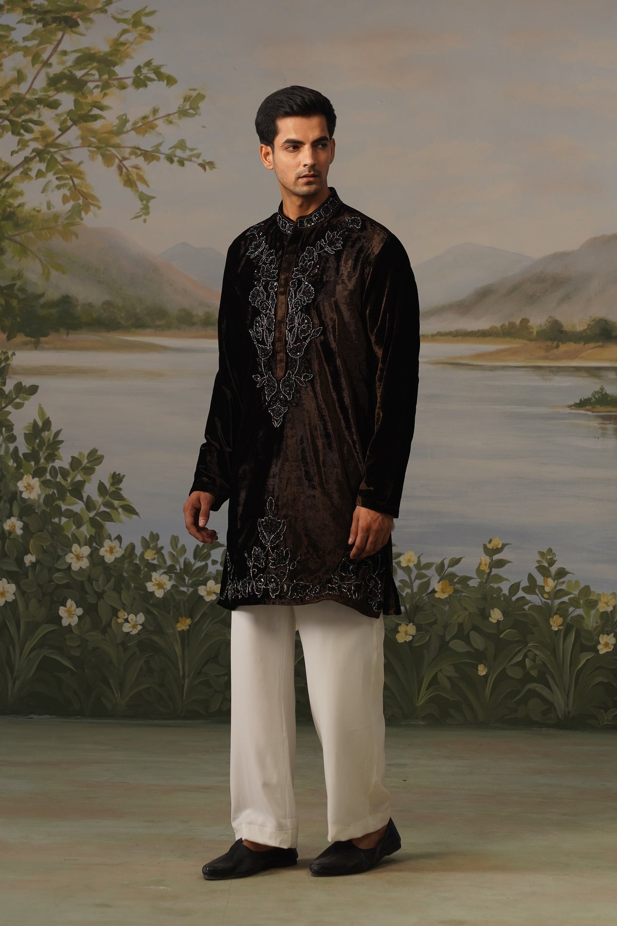 Qahwa Brown Velvet Bead Embroidered Kurta Set