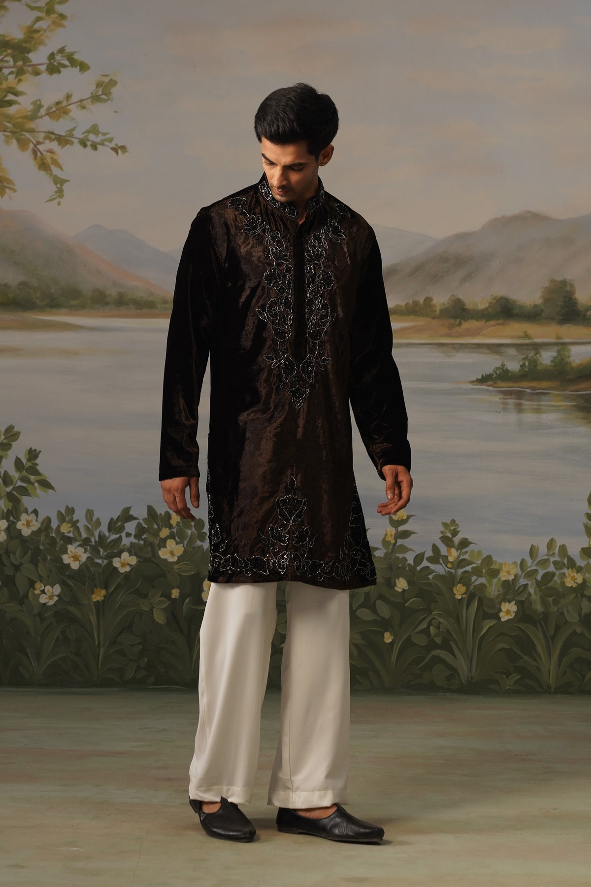 Qahwa Brown Velvet Bead Embroidered Kurta Set