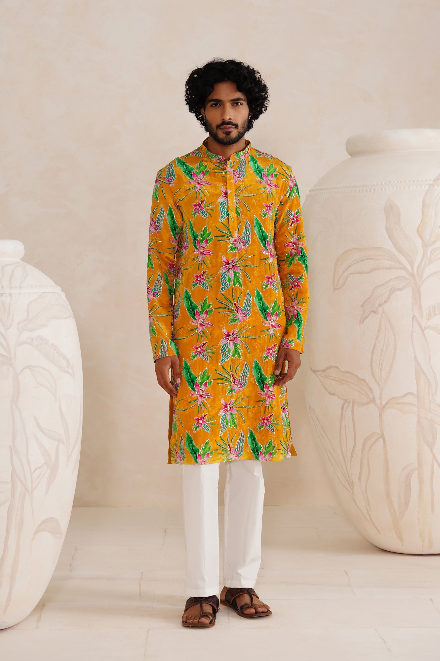 Haldi Yellow Embroidery With Print Kurta Set