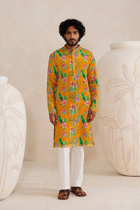 Haldi Yellow Embroidery With Print Kurta Set